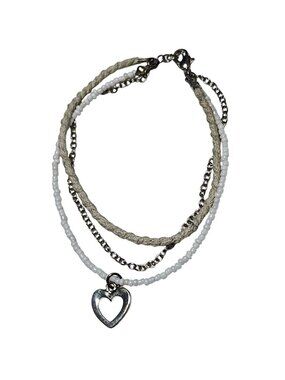 Handmade Beaded Heart Charm Bracelet Multilayer White Beads Twine Rope Love